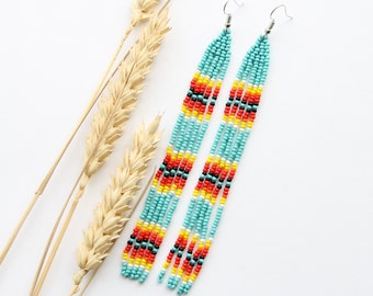 Long blue seed bead earrings seasonal bohemian style jewelry trendy handmade women accessory tribal jewellery gift for her