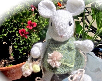 Knit Animal, Stuffed Mouse Doll / Heirloom Collectible/ Hand Knit Hand Embroidered / Petite Fleur and Pink Dandelion Dreams