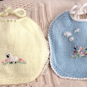 New, Heirloom Baby Bibs, Hand Knit, Hand Embroidered Set of 2 Bibs/ The Other Bib Pretty and Practical, Set 1/ One of a Kind image 1