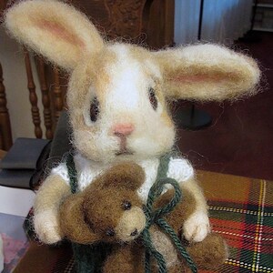 Bunny Rabbit, Teddy Bear, 2 Needle Felted Dolls / One of a Kind/ Unique Heirloom Collectibles/ Julian and Theodore image 2