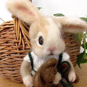 Bunny Rabbit, Teddy Bear, 2 Needle Felted Dolls / One of a Kind/ Unique Heirloom Collectibles/ Julian and Theodore image 5