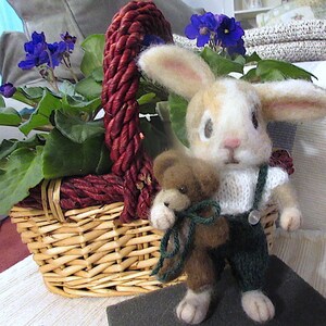 Bunny Rabbit, Teddy Bear, 2 Needle Felted Dolls / One of a Kind/ Unique Heirloom Collectibles/ Julian and Theodore image 1