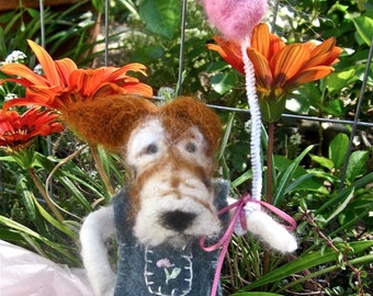 Needle Felted Puppy Dog Doll and balloon; Collectible Animal; Room Decor