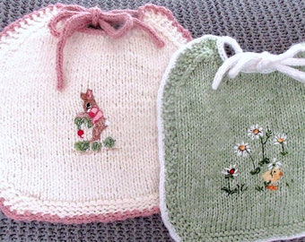 New,  Heirloom Baby Bibs, Hand Knit, Hand Embroidered (Set of 2 Bibs)/ The Other Bib; Pretty and Practical, Set #3/ One of a Kind