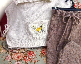 Girls Hooded Poncho and Pants, Size 4/5 / Hand Knit and Embroidered,/. Pocketful of Posies- and 1 Chick