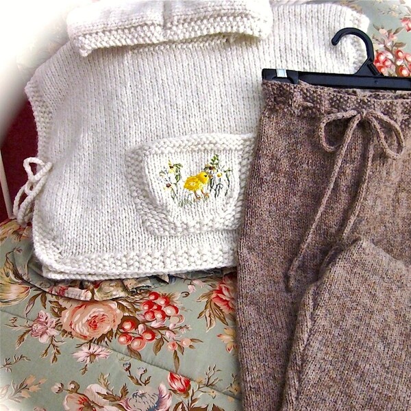 Girls Hooded Poncho and Pants, Size 4/5 / Hand Knit and Embroidered,/. Pocketful of Posies- and 1 Chick
