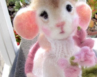 Mouse Doll and Flowers; Valentine's Day, Needle Felted, Heirloom Collectible, /Priscilla; A Song and a Dance