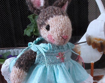 Two Bunny Dolls; Hand Knit in Hand Smocked Dress, and Needle Felted Bunny, Wagon and Flower /Collectible Heirloom Animal Art Dolls