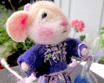 Felted Mouse Doll With Lavender Flowers,/ Needle Felted Heirloom Collectible/ A Mouse Named Eloise