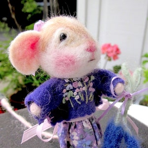 Felted Mouse Doll With Lavender Flowers,/ Needle Felted Heirloom Collectible/ A Mouse Named Eloise image 1