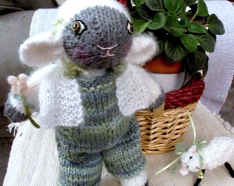 Lamb Dolls, 2/ Hand Knit, Embroidered, & Needle Felted/  One of a Kind, Heirloom Collectible Stuffed Animals/ Mary and Her Little Lamb