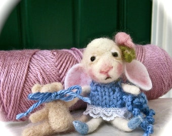 Needle Felted Bunny Doll with Teddy Bear Doll; , Collectible Animal Doll/  Bunny Doll Room Decor