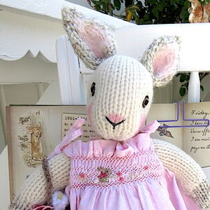 Hand Knit Bunny, in hand smocked, hand embroidered sun dress/Stuffed Animal Doll, One of a Kind Heirloom Collectible/Birthday Christmas Gift image 1