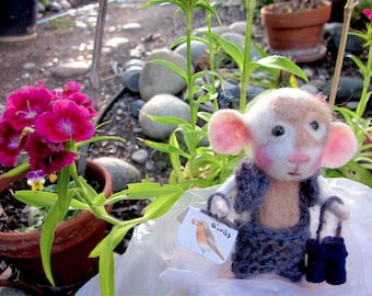 Needle Felted Boy Mouse Doll, / Heirloom Collectible/ Farley, the Bird Watcher