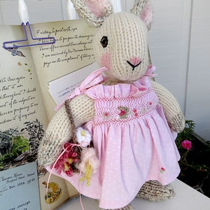 Hand Knit Bunny, in hand smocked, hand embroidered sun dress/Stuffed Animal Doll, One of a Kind Heirloom Collectible/Birthday Christmas Gift image 4