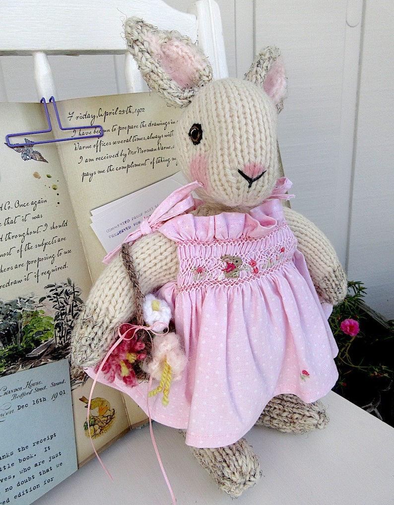 Hand Knit Bunny, in hand smocked, hand embroidered sun dress/Stuffed Animal Doll, One of a Kind Heirloom Collectible/Birthday Christmas Gift image 4