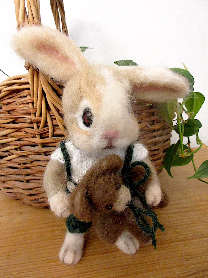 Bunny Rabbit, Teddy Bear, 2 Needle Felted Dolls / One of a Kind/ Unique Heirloom Collectibles/ Julian and Theodore image 5