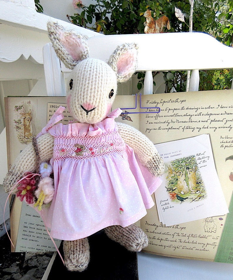 Hand Knit Bunny, in hand smocked, hand embroidered sun dress/Stuffed Animal Doll, One of a Kind Heirloom Collectible/Birthday Christmas Gift image 1