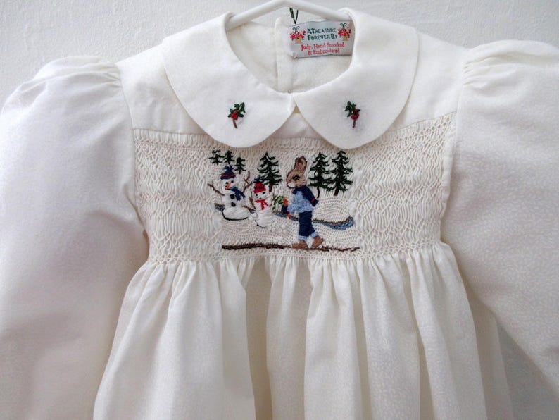 Winter Christmas Dress One of a Kind Smocked Baby Dress Size 1 White   Hand Smocked Hand Embroidered