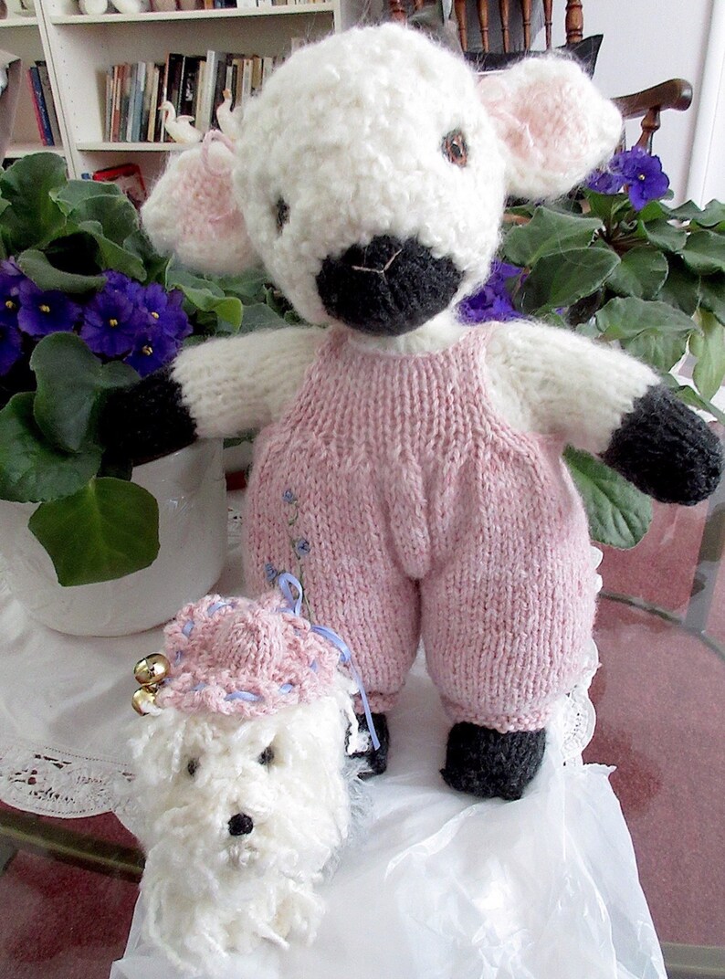 Lamb and Sheepdog Dolls/Hand Knit Valentine Gift/Easter Stuffed Animal Pair/ Heirloom Collectible, OOAK/ Best Friends Pansy and Bella image 1