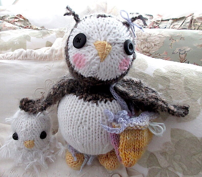 Two Owls and a Mouse Dolls, /Hand Knit Stuffed Animal Set of 3 Hand Knit, One of a Kind Heirloom CollectIble / Three in a Tree image 3