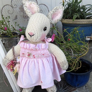 Hand Knit Bunny, in hand smocked, hand embroidered sun dress/Stuffed Animal Doll, One of a Kind Heirloom Collectible/Birthday Christmas Gift image 6