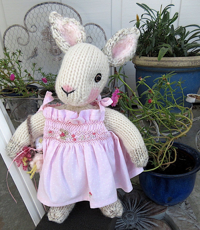 Hand Knit Bunny, in hand smocked, hand embroidered sun dress/Stuffed Animal Doll, One of a Kind Heirloom Collectible/Birthday Christmas Gift image 6