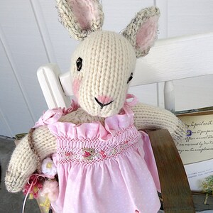 Hand Knit Bunny, in hand smocked, hand embroidered sun dress/Stuffed Animal Doll, One of a Kind Heirloom Collectible/Birthday Christmas Gift image 2