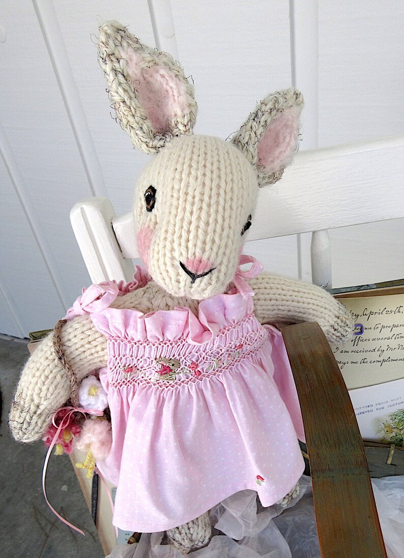 Hand Knit Bunny, in hand smocked, hand embroidered sun dress/Stuffed Animal Doll, One of a Kind Heirloom Collectible/Birthday Christmas Gift image 2