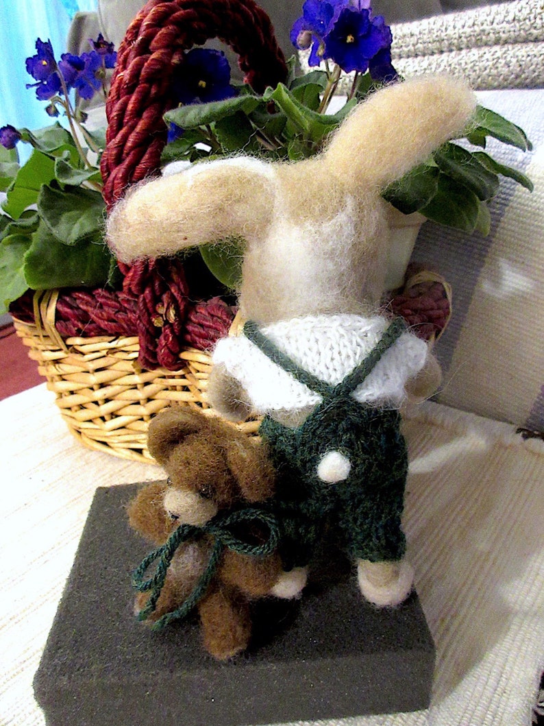 Bunny Rabbit, Teddy Bear, 2 Needle Felted Dolls / One of a Kind/ Unique Heirloom Collectibles/ Julian and Theodore image 3