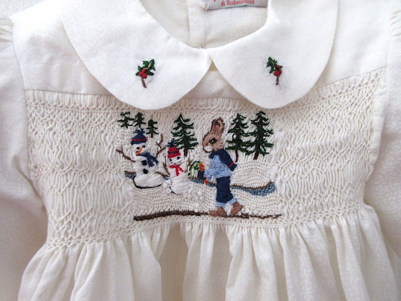 Winter Christmas Dress One of a Kind Smocked Baby Dress Size 1 White Hand Smocked Hand Embroidered
