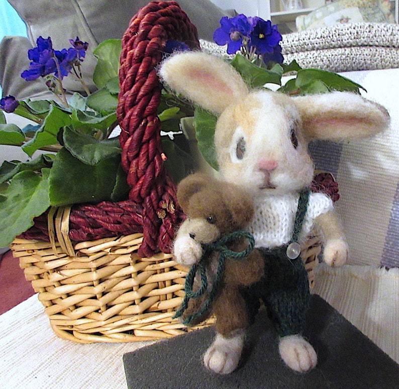 Bunny Rabbit, Teddy Bear, 2 Needle Felted Dolls / One of a Kind/ Unique Heirloom Collectibles/ Julian and Theodore image 1