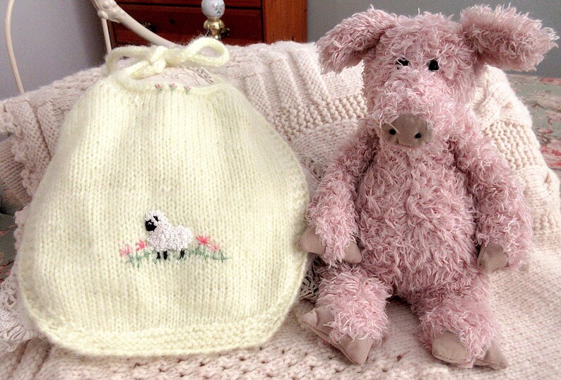 New, Heirloom Baby Bibs, Hand Knit, Hand Embroidered Set of 2 Bibs/ The Other Bib Pretty and Practical, Set 1/ One of a Kind image 8