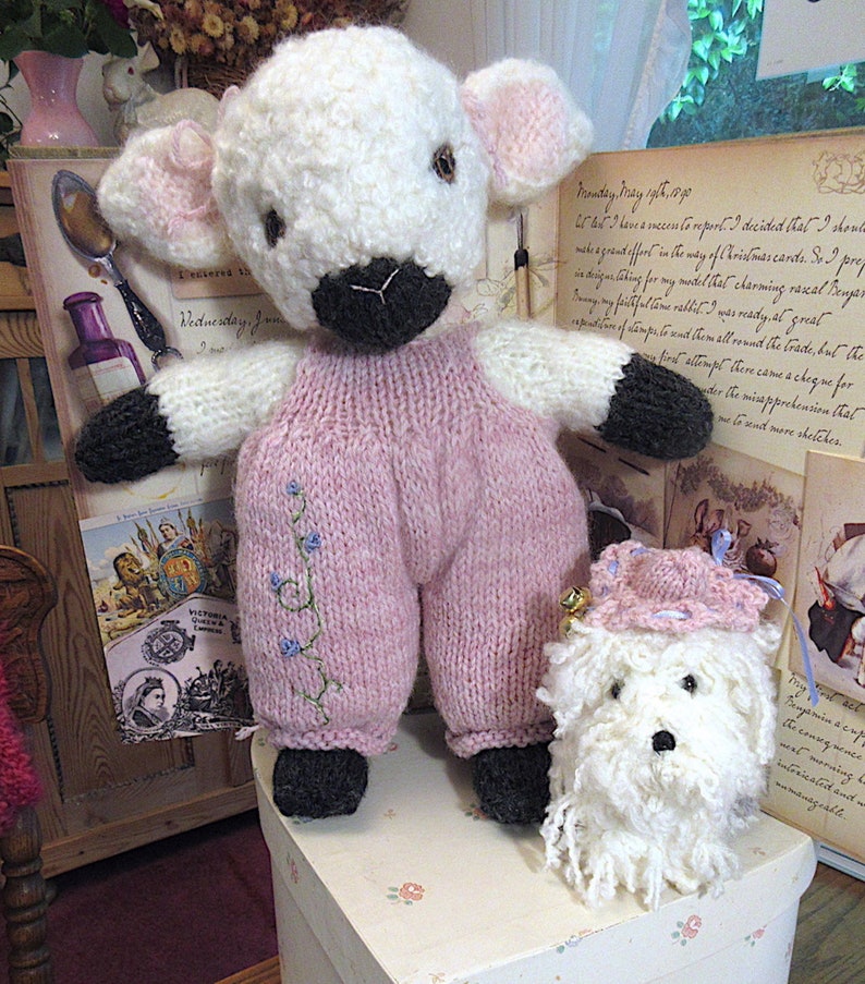 Lamb and Sheepdog Dolls/Hand Knit Valentine Gift/Easter Stuffed Animal Pair/ Heirloom Collectible, OOAK/ Best Friends Pansy and Bella image 8