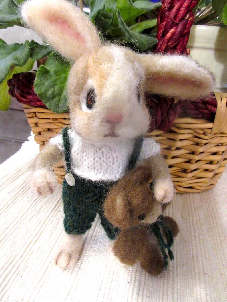 Bunny Rabbit, Teddy Bear, 2 Needle Felted Dolls / One of a Kind/ Unique Heirloom Collectibles/ Julian and Theodore image 4