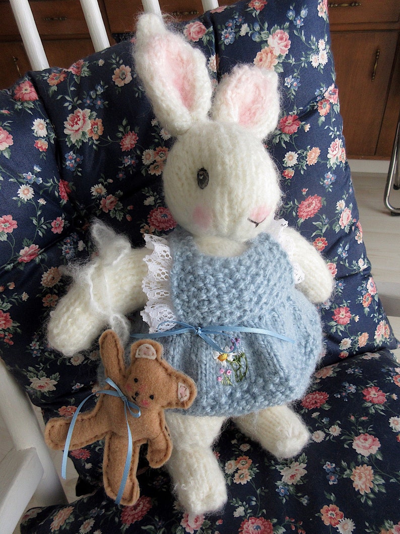 Bunny Doll/ Hand Knit, Mohair, Hand Embroidered Stuffed Animal with teddy bear / Heirloom Collectible , OOAK/ Mia snd Bear image 3