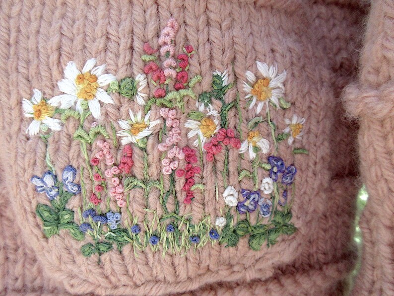 Womans Sweater, Hand Knit, Hand Embroidered Size S/M, Designed to Fit Roomy,/ Artistic,OOAK, Designed Pocket/ Mother's Day Gift image 2