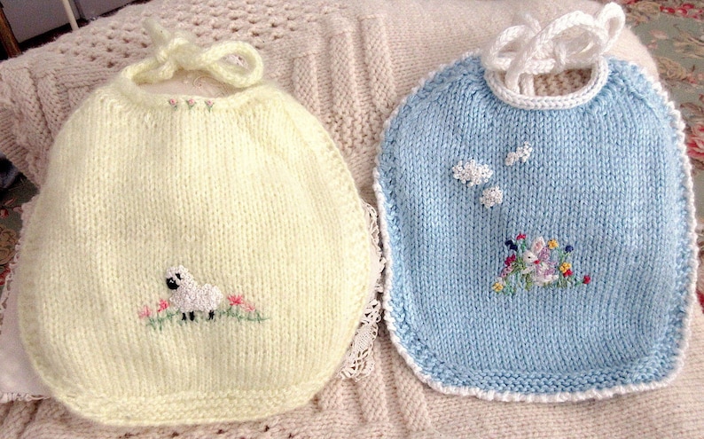 New, Heirloom Baby Bibs, Hand Knit, Hand Embroidered Set of 2 Bibs/ The Other Bib Pretty and Practical, Set 1/ One of a Kind image 1