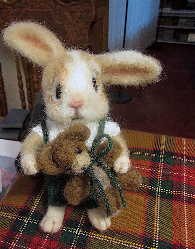 Bunny Rabbit, Teddy Bear, 2 Needle Felted Dolls / One of a Kind/ Unique Heirloom Collectibles/ Julian and Theodore image 2