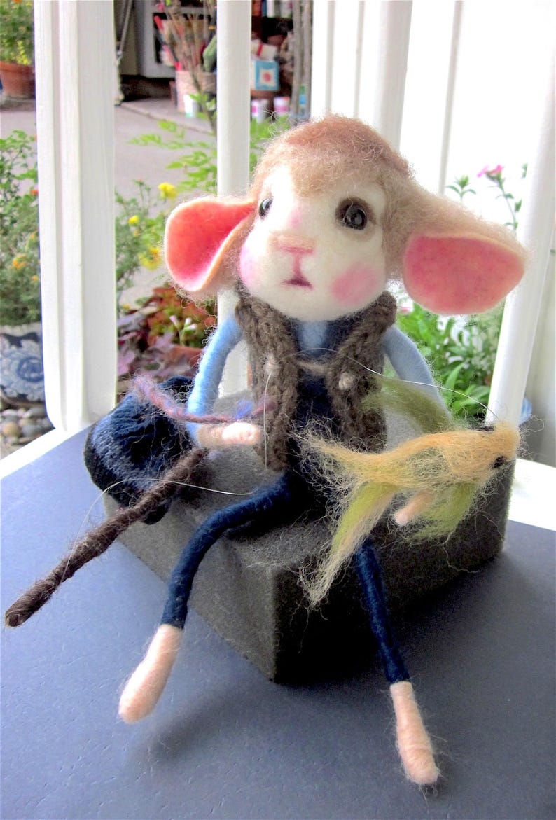 Mouse Doll and Fish, Needle Felted, One of a Kind Heirloom Collectible/ A Whale of a Fish Story image 7