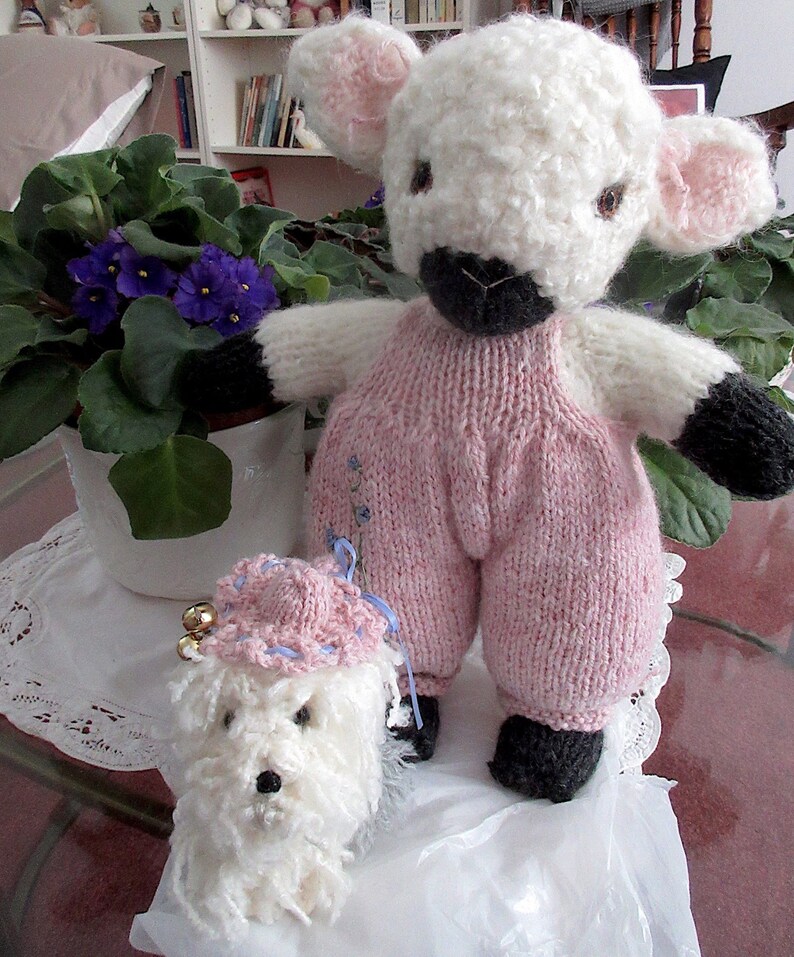 Lamb and Sheepdog Dolls/Hand Knit Valentine Gift/Easter Stuffed Animal Pair/ Heirloom Collectible, OOAK/ Best Friends Pansy and Bella image 4