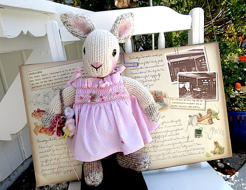 Hand Knit Bunny, in hand smocked, hand embroidered sun dress/Stuffed Animal Doll, One of a Kind Heirloom Collectible/Birthday Christmas Gift image 7