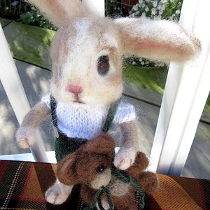 Bunny Rabbit, Teddy Bear, 2 Needle Felted Dolls / One of a Kind/ Unique Heirloom Collectibles/ Julian and Theodore image 9