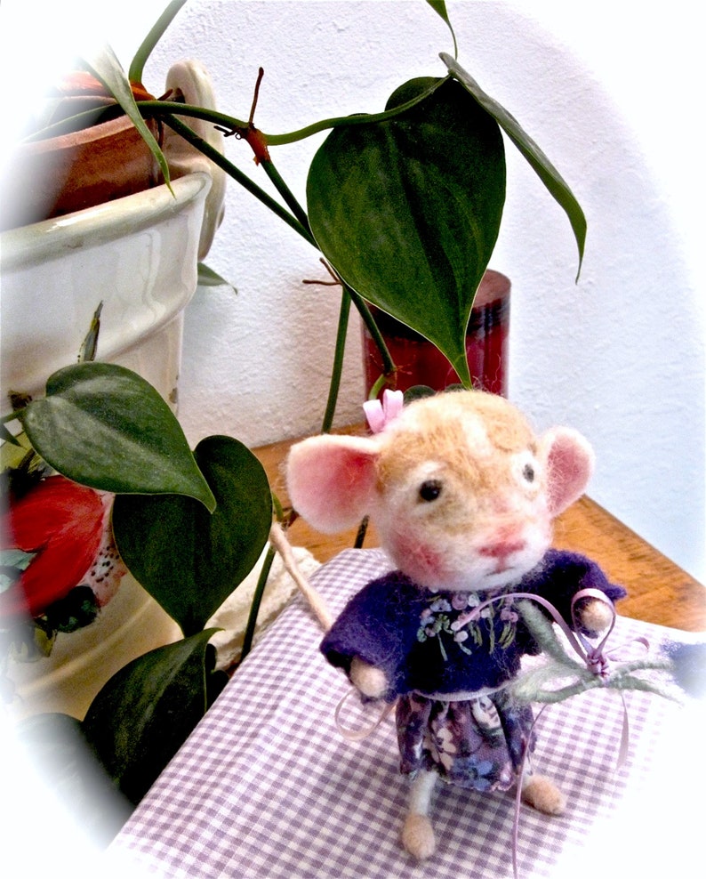Felted Mouse Doll With Lavender Flowers,/ Needle Felted Heirloom Collectible/ A Mouse Named Eloise image 9