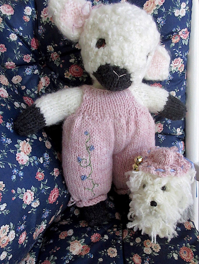 Lamb and Sheepdog Dolls/Hand Knit Valentine Gift/Easter Stuffed Animal Pair/ Heirloom Collectible, OOAK/ Best Friends Pansy and Bella image 2