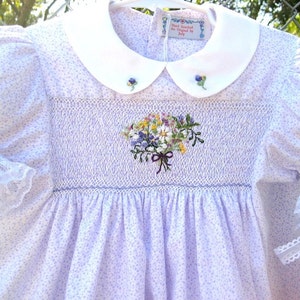 Girls Smocked Spring Easter Dress Size 4/ Hand Smocked Hand Embroidered /Bouquet With a Purple Bow image 2