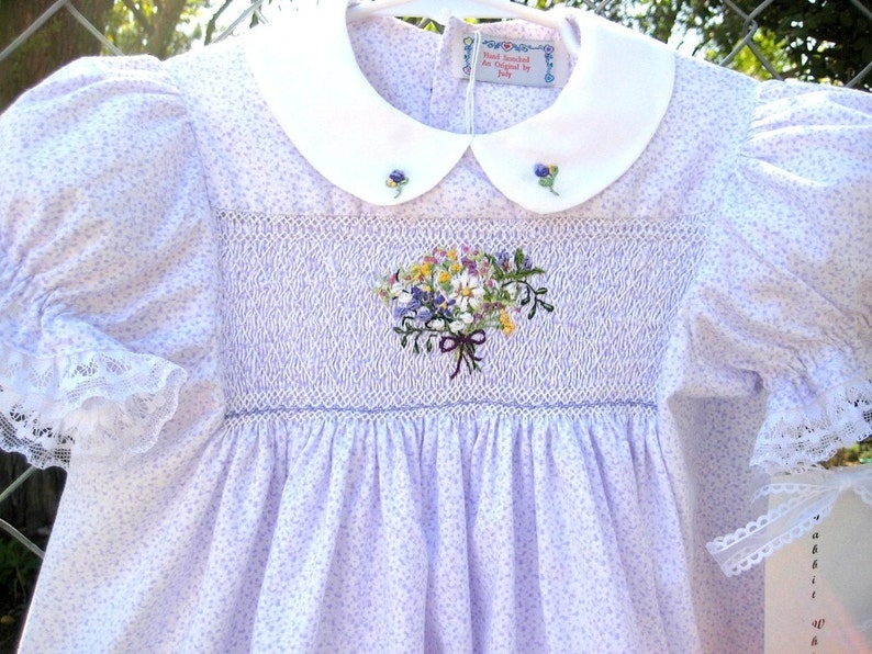 Girls Smocked Spring Easter Dress Size 4/ Hand Smocked Hand Embroidered /Bouquet With a Purple Bow image 2