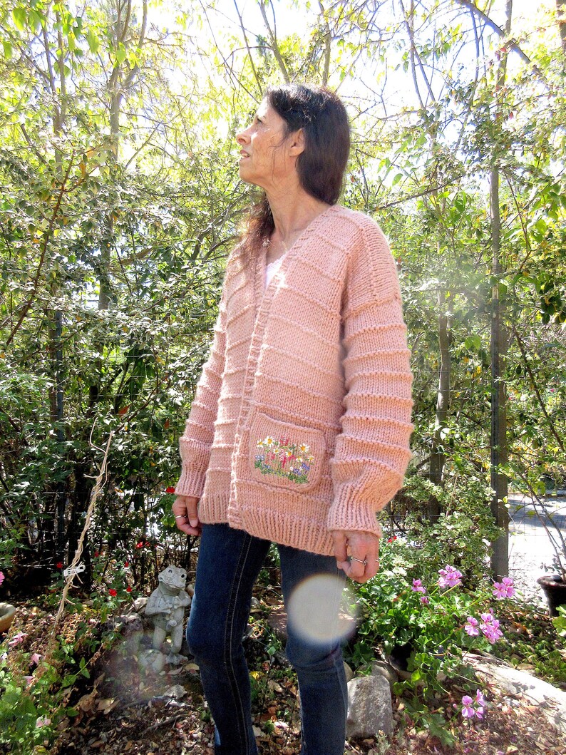 Womans Sweater, Hand Knit, Hand Embroidered Size S/M, Designed to Fit Roomy,/ Artistic,OOAK, Designed Pocket/ Mother's Day Gift image 9