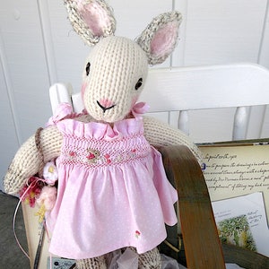 Hand Knit Bunny, in hand smocked, hand embroidered sun dress/Stuffed Animal Doll, One of a Kind Heirloom Collectible/Birthday Christmas Gift image 5