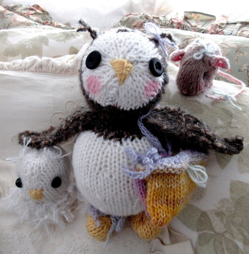 Two Owls and a Mouse Dolls, /Hand Knit Stuffed Animal Set of 3 Hand Knit, One of a Kind Heirloom CollectIble / Three in a Tree image 1